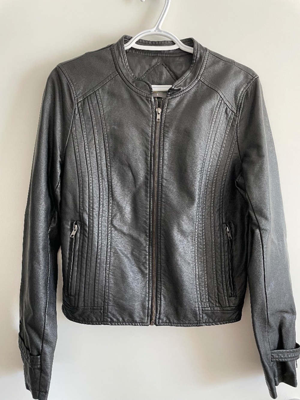 EUC Paper Doll Clothing Mod Cloth Faux Black Leather Jacket Zipper Snaps Large